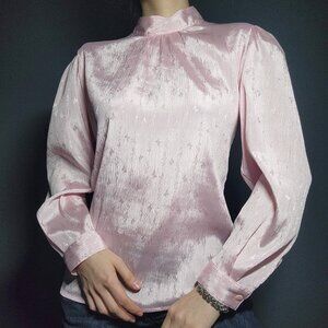 Vintage Victorian silky pink babydoll puffy sleeved high neck button-up shirt